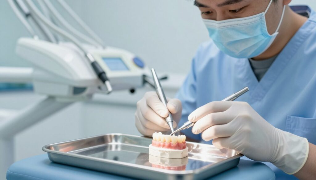 A close-up image of a dental crown being inspected by a dentist, set in a modern dental clinic. In the foreground, a shiny, ceramic dental crown is prominently displayed on a sterile tray, reflecting the bright lighting from above. The middle ground features a skilled dentist in professional attire, wearing gloves and a mask, closely examining the crown with a specialized instrument, showcasing attention to detail. In the background, sleek dental equipment is neatly arranged, and a soothing color palette of light blues and whites creates a calm, clinical atmosphere. Soft, natural lighting enhances the overall clarity and professionalism of the scene, emphasizing the importance of dental restoration.