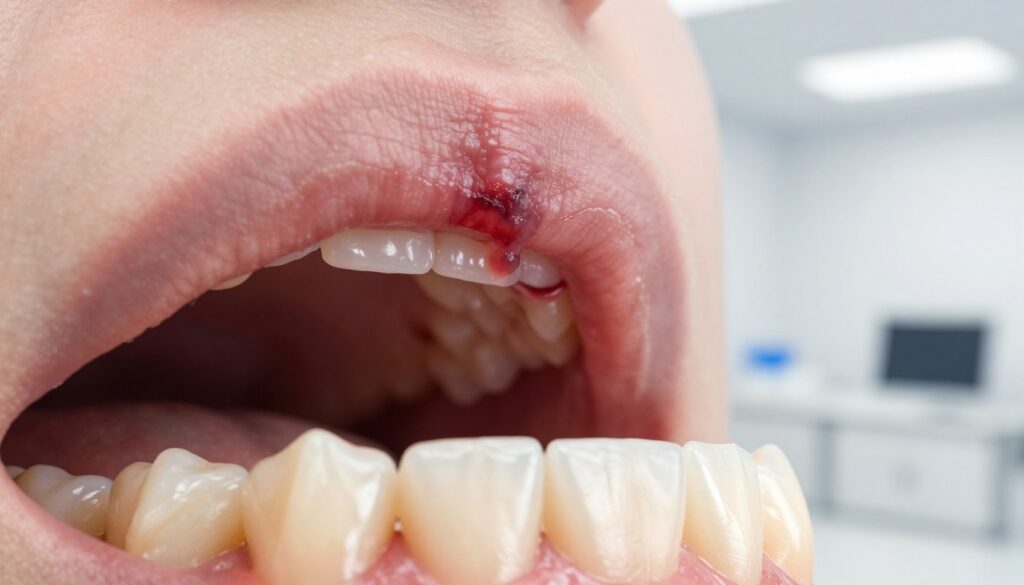 A close-up view of a healthy human mouth showcasing a gum area with a distinct, visible hematoma. The hematoma appears as a dark red, slightly swollen area on the gum line, illustrating the irregular shape and texture. The teeth should be prominent in the foreground, combined with a soft focus on the gum to ensure the hematoma is the focal point. The lighting is bright and clinical, mimicking a dental examination, while the background features a blurred dental office environment, adding context without distraction. The mood is informative and educational, emphasizing clarity and realism in a medical setting, free of any text or markings.
