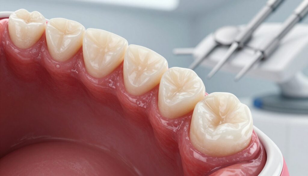 A close-up view of inflamed gums beneath a dental crown, showcasing the details of the swollen and red tissue. The foreground features a clear depiction of the gum area with heightened contrast, emphasizing the texture of the inflamed tissue and the shiny surface of the crown. The middle layer reveals a realistic portrayal of a white dental crown, indicating a typical dental procedure. The background includes a soft-focus image of dental tools and a hygienic dental office setting, creating an atmosphere of professionalism and care. The lighting is bright and clinical, simulating the illumination found in a dentist's office, while the angle is slightly tilted to give depth to the image. The overall mood is informative and clinical, suitable for educating readers on dental health issues.