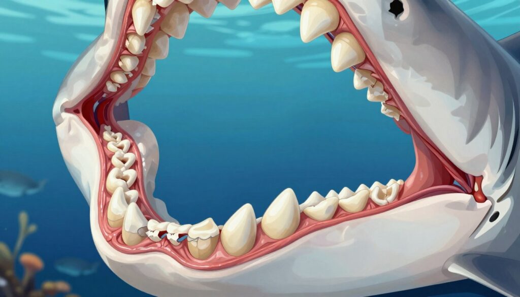 A detailed and vibrant illustration of a shark’s tooth replacement mechanism, showcasing an anatomical view of a shark's jaw with multiple rows of teeth. In the foreground, focus on several visible teeth in various stages of shedding and regrowth, clearly displaying their serrated edges and unique shapes. The middle ground should include a transparent depiction of the underlying structure, highlighting the periodontal ligaments that facilitate the tooth exchange. The background can feature a subtle underwater environment with soft blue hues and blurred marine life to create an authentic oceanic atmosphere. Use soft, even lighting to illuminate the scene, ensuring clear visibility of the details. The mood should be educational and intriguing, aiming to captivate the viewer's attention on the fascinating biological process of tooth regeneration in sharks.