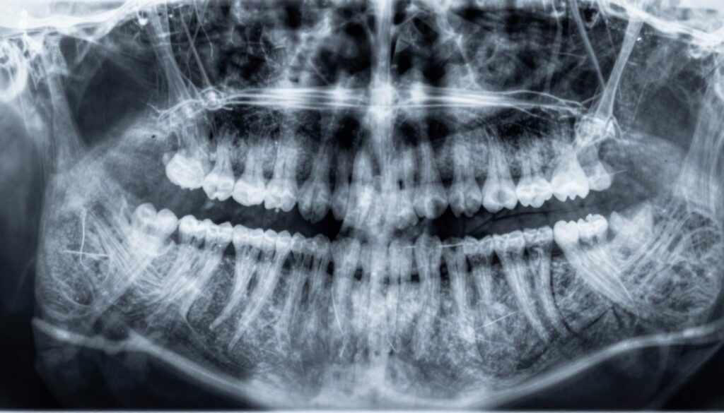 A high-resolution dental X-ray image showcasing the nuances and details of tooth shadows and lesions. In the foreground, focus on a specific tooth, highlighting various shades of gray that represent decay, cavities, and root abnormalities. The middle section should feature a variety of teeth, each with distinct shadow patterns emphasizing different dental conditions. The background fades into soft gray tones with subtle radiographic grid lines, imitating an authentic X-ray environment. The lighting is cool and clinical, emulating a sterile medical setting. The overall mood is educational and informative, aiming to convey the importance of understanding dental X-ray interpretations without any human figures or additional elements.