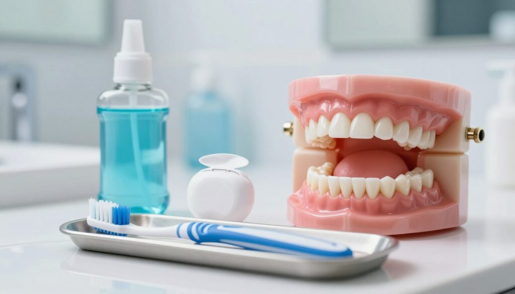 A visually engaging composition illustrating oral hygiene practices in the context of dealing with gum pain. In the foreground, display a dentist's tray with essential oral care tools: a toothbrush, dental floss, and mouthwash, all arranged neatly. In the middle, depict a close-up of healthy teeth and gums alongside a diagram showing proper brushing techniques, emphasizing gentle care. The background should feature a softly lit bathroom environment with a mirror reflecting calming colors, such as light blue and white, creating a serene atmosphere. The lighting should be bright yet soft, highlighting the tools and the healthy oral setup. The overall mood is informative and reassuring, emphasizing cleanliness and proper care to prevent worsening gum issues.