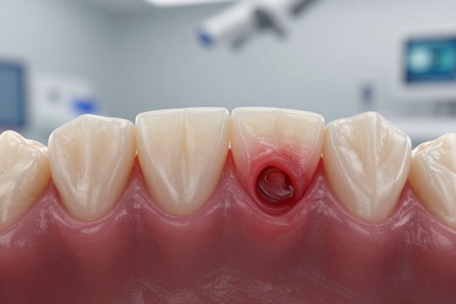 Czerwone dziąsło przy zębie