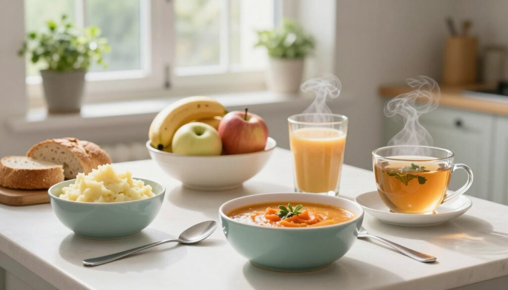 A bright, inviting kitchen scene featuring a neatly arranged table of soft, easily digestible meals suitable for recovery after dental surgery. In the foreground, there are small bowls of creamy mashed potatoes, pureed carrot soup, and smoothies in pastel colors. A steaming cup of herbal tea adds warmth. The middle ground shows a fresh fruit bowl with banana and apples, alongside soft bread rolls. The background has soft natural light filtering through a large window, casting gentle shadows for a cozy atmosphere, with potted herbs on the windowsill. The overall mood is calm and nurturing, ideal for someone recovering and seeking comfort in simple, nutritious meals.