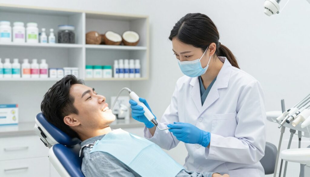 A bright, well-lit dental clinic showcasing various safe alternatives to teeth whitening. In the foreground, a professional dentist in a white coat is gently demonstrating a teeth whitening treatment with a patient seated in a modern dental chair. The dentist is using a sleek, non-invasive device while the patient, looking comfortable and relaxed, wears professional attire. In the middle ground, shelves filled with organic teeth whitening products and natural ingredients like charcoal and coconut oil are visible. The background features a clean, minimalistic dental office with bright lighting and soothing colors, contributing to a calm and inviting atmosphere. The overall mood is informative and approachable, promoting safe dental care methods. A bright, well-lit dental clinic showcasing various safe alternatives to teeth whitening. In the foreground, a professional dentist in a white coat is gently demonstrating a teeth whitening treatment with a patient seated in a modern dental chair. The dentist is using a sleek, non-invasive device while the patient, looking comfortable and relaxed, wears professional attire. In the middle ground, shelves filled with organic teeth whitening products and natural ingredients like charcoal and coconut oil are visible. The background features a clean, minimalistic dental office with bright lighting and soothing colors, contributing to a calm and inviting atmosphere. The overall mood is informative and approachable, promoting safe dental care methods.