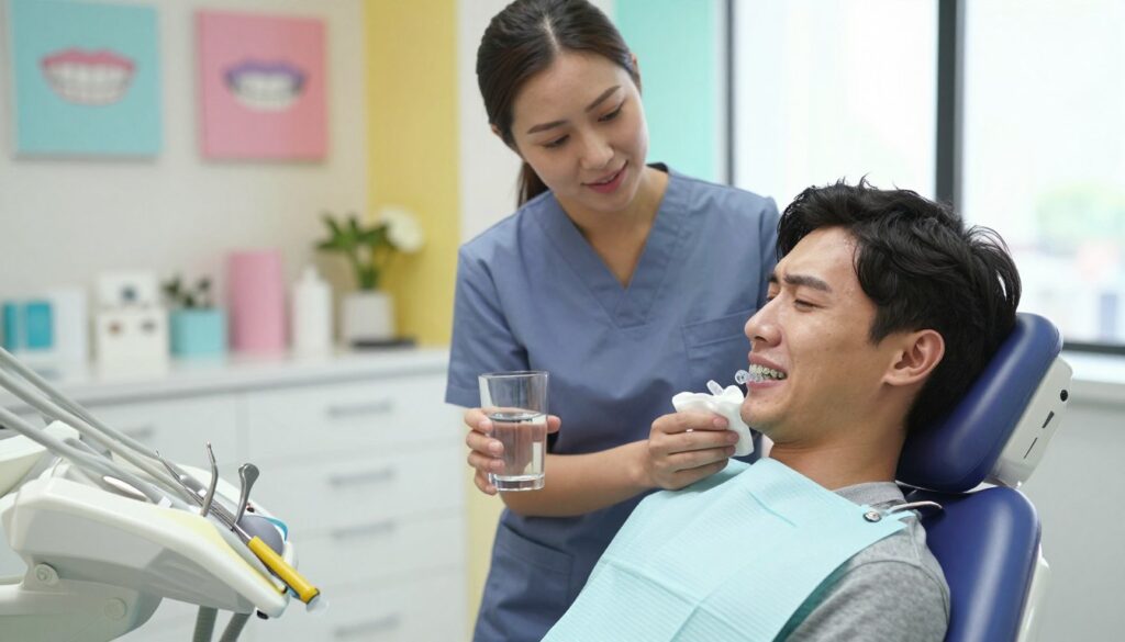 A calm and cozy dental office setting with a patient sitting in a modern orthodontic chair, wearing a clear aligner, displaying a pained but hopeful expression. The foreground features dental tools neatly arranged on a tray. In the middle, an assistant stands attentively, dressed in professional attire, providing comforting advice while holding a small ice pack and a glass of water to soothe discomfort. The background shows vibrant dental decor with calming pastel colors, soft lighting emanating from a large window, creating an inviting and soothing atmosphere. A close-up view captured from a slight angle to emphasize the supportive interaction, aiming to convey a sense of care and relief during the initial adjustment to braces or aligners.