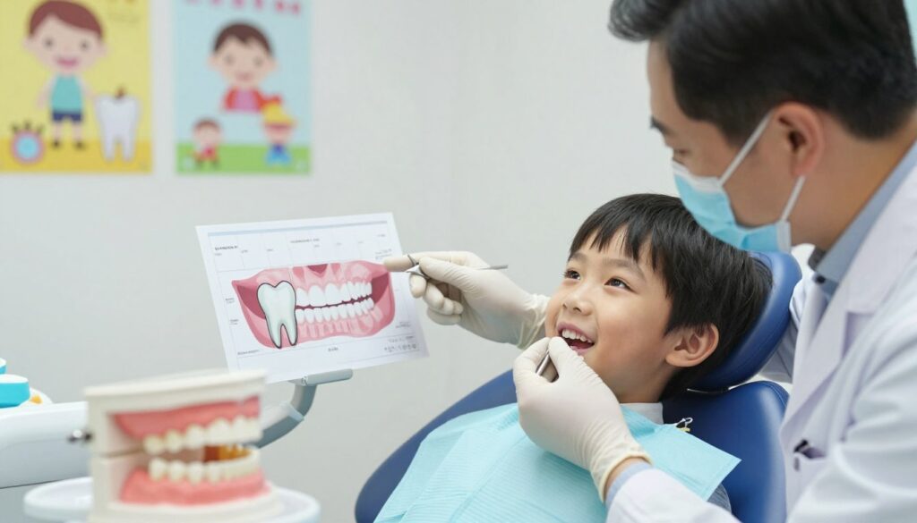 A child, around six years old, sitting in a bright, cheerful dentist's office, smiling while a gentle dentist examines their mouth. The dentist, a middle-aged individual in professional attire, holds a dental tool in one hand and is pointing to a chart showcasing the difference between baby teeth and permanent teeth. In the foreground, you can see a close-up of a tooth model displaying both types of teeth, emphasizing the transition from baby teeth to permanent ones. The background features colorful educational posters about dental health. Soft, natural lighting illuminates the scene, creating a warm and inviting atmosphere that conveys a sense of safety and care. The overall mood is positive and informative, highlighting the importance of dental health in children.