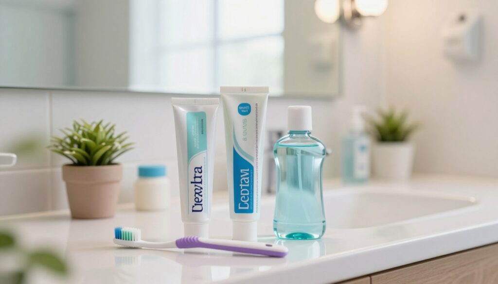 A clean and inviting dental care setting, focusing on a colorful, well-organized display of oral hygiene products. In the foreground, a soft-bristled toothbrush and a tube of soothing toothpaste are artistically arranged next to a gentle mouthwash bottle. The middle ground showcases a bright, cheerful bathroom countertop, with a small potted plant adding warmth. In the background, a large mirror reflects soft, natural light filtering through the window, enhancing the serene atmosphere. The overall mood is calm and reassuring, emphasizing the importance of oral hygiene in promoting healing after dental procedures. The composition is balanced and harmonious, appealing to readers seeking guidance on maintaining oral cleanliness post tooth extraction.