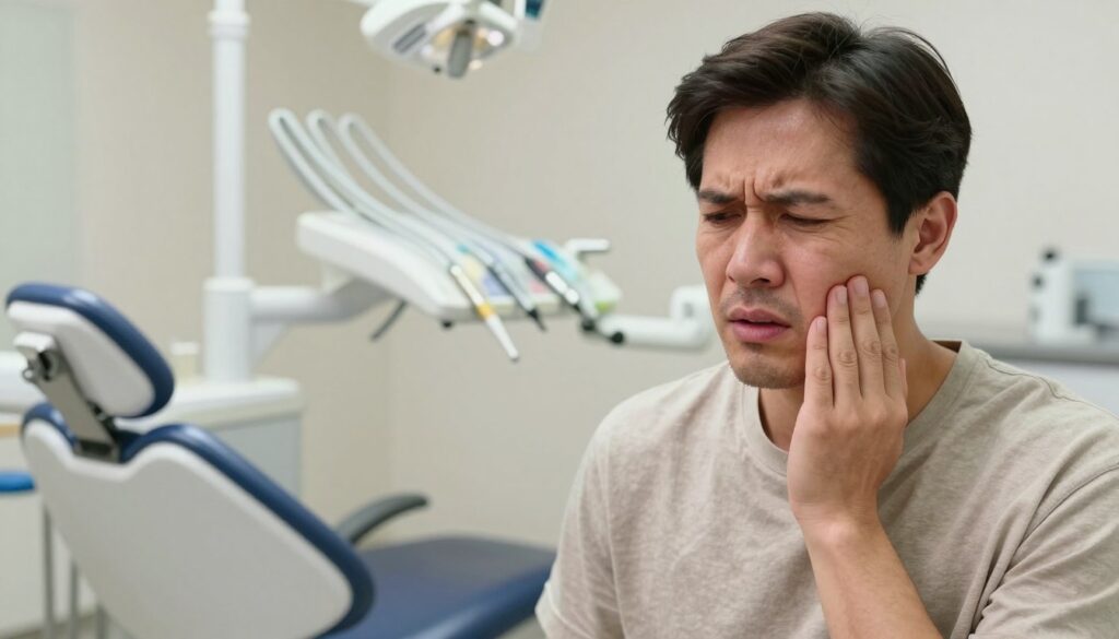 A clinical illustration focusing on the symptoms of dental pulp inflammation (pulpite) in a professional setting. In the foreground, depict a concerned adult patient in modest casual clothing, holding their cheek to indicate pain, with an expression of discomfort. The middle layer shows a dental office with a dental chair and tools, ensuring a sterile, professional atmosphere. In the background, soft, diffused lighting enhances the mood of concern and urgency, with a warm color palette to add a sense of empathy. The angle should be slightly elevated to capture the patient's face and the dental environment, emphasizing the emotional impact of dental pain. Overall, create a poignant yet informative image conveying the seriousness of recognizing early symptoms of dental inflammation.