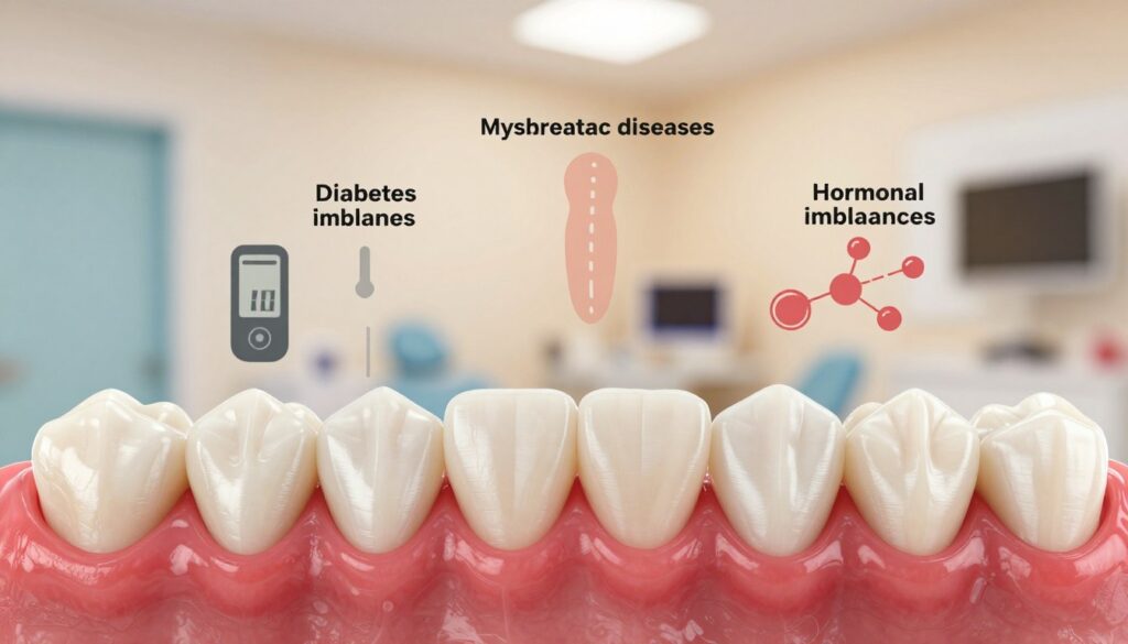 A close-up depiction of an inflamed gum tissue in the foreground, showcasing vibrant red and swollen areas contrasted against healthy white teeth. In the middle distance, highlight illustrations of common systemic diseases, such as diabetes and hormonal imbalances, represented by subtle, abstract icons like a glucose meter and a hormone chemical structure, blending into the background. The backdrop features a softly blurred dental clinic setting, with warm, calming lighting that conveys a sense of healthcare professionalism. The overall mood is informative and serious, emphasizing the connection between overall health and gum issues. The composition is shot from a slightly elevated angle, providing a clear view of the gums while remaining clinical and educational.