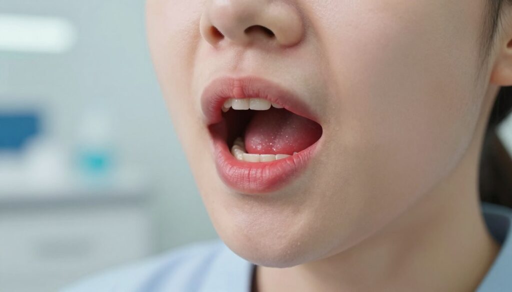 A close-up, detailed view of inflamed gums showing signs of bleeding, set against a softly blurred background depicting a dental office with calming blues and whites. The foreground features a person's mouth open slightly, displaying the gums with a vivid red hue to illustrate the condition of "bleeding gums." The lighting is bright but soft, emphasizing the texture and color of the gums, while ensuring the human subject is dressed in professional, modest clothing. The shot is captured at a slight angle, adding depth and focus on the gums, evoking a sense of concern and health awareness. The overall mood should be informative and clinical, highlighting the importance of dental health during hormonal changes, particularly in pregnancy.