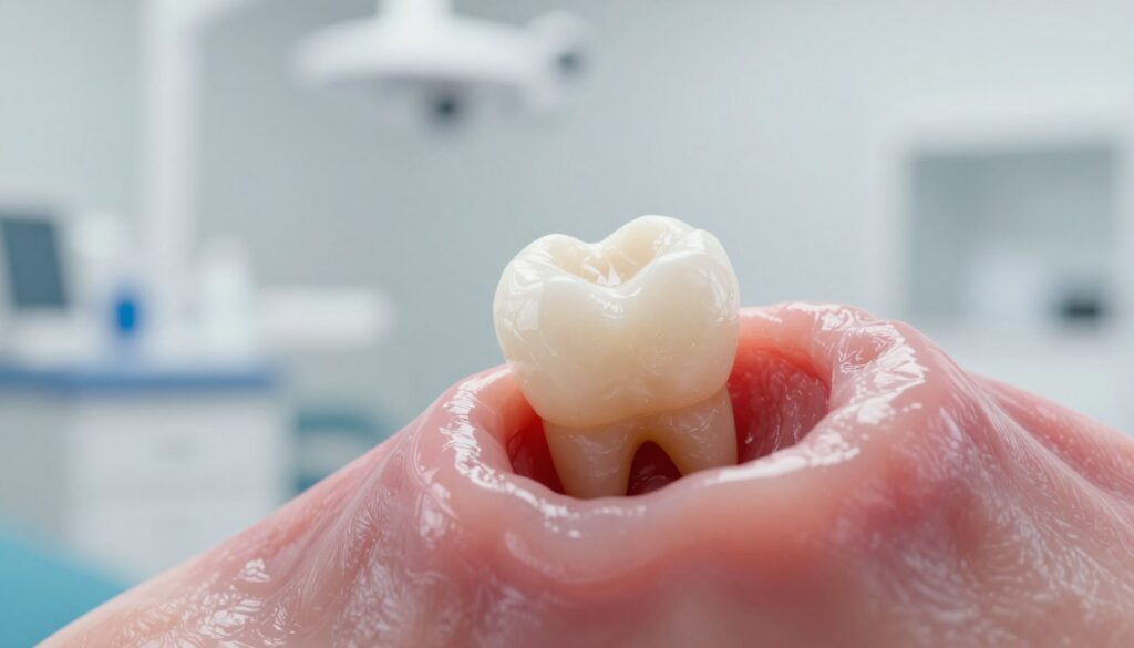 A close-up illustration of a dental socket after a tooth extraction, showcasing a healthy, intact blood clot nestled within the socket. The background features a blurred dental clinic environment, highlighted by soft, neutral lighting that creates a sterile atmosphere. In the foreground, a gentle focus on the socket emphasizes the texture of the gum tissue and the clot. The image should use a macro lens effect to capture intricate details, such as the surface of the clot and surrounding tissue, while the angle should be slightly overhead to enhance the clinical view. The overall mood is informative and professional, conveying a sense of calm and reassurance for patients undergoing dental procedures.