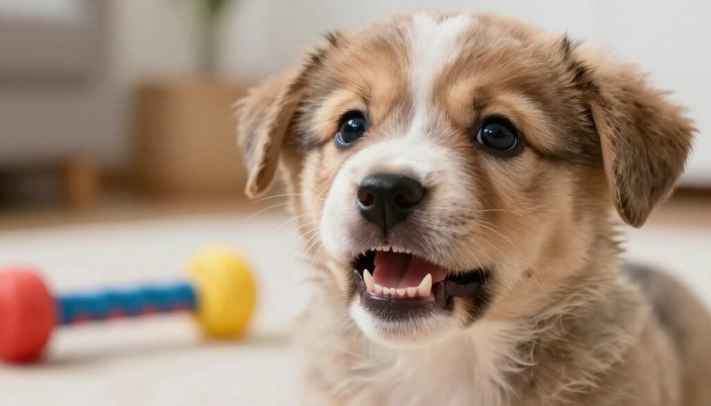 A close-up illustration of a puppy undergoing the transition from baby teeth to adult teeth. In the foreground, focus on the puppy, showcasing its small mouth slightly open, revealing a mix of baby and emerging adult teeth. The puppy's fur is fluffy and well-groomed, with big, curious eyes reflecting innocence. In the middle ground, display a playful setting with colorful toys and a dental chew, emphasizing the playful nature of puppies during this phase. The background should be softly blurred to keep attention on the puppy while hinting at a warm, cozy home environment. Use natural lighting to create a soft, inviting atmosphere, capturing the essence of this important developmental stage. The image should evoke curiosity and wonder, without any text or distractions.