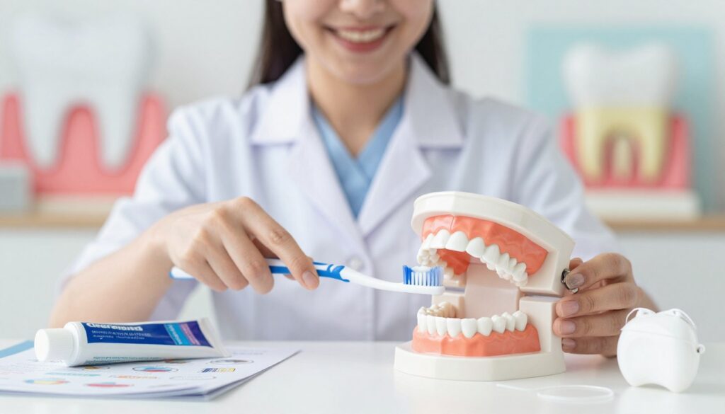 A close-up image depicting oral health care focused on gum and tooth prevention. In the foreground, a well-lit dental care setup featuring a toothbrush, toothpaste, dental floss, and an educational pamphlet highlighting healthy gum practices. The middle ground should include a cheerful, professionally dressed dentist in a white coat, demonstrating proper tooth brushing technique on a dental model. In the background, soft, calming colors with illustrations of healthy gums and teeth are subtly integrated to enhance the educational theme. The atmosphere is positive and encouraging, conveying a sense of well-being and preventive care. The lighting is bright, inviting, and evenly distributed, focusing on the dental tools and the model for clarity and emphasis.