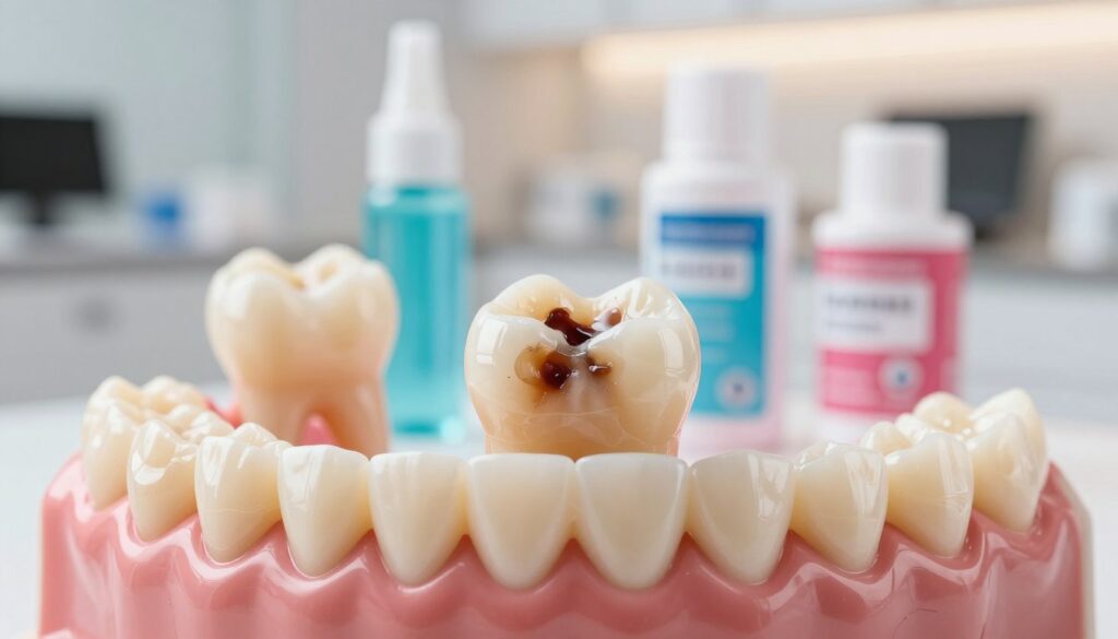 A close-up image of a dental model showcasing a discolored, dead tooth alongside various dental restoration options like veneers, crowns, and whitening products. The foreground features the tooth in sharp focus, highlighting its darkened hue and surrounding healthy teeth. In the middle ground, images of cosmetic treatments such as a dental crown and a set of teeth whitening products, beautifully arranged with bright colors to convey cleanliness and professionalism. The background is softly blurred to emphasize the tooth and treatments, featuring a clean, modern dental clinic atmosphere with soft, warm lighting. The overall mood should be informative and reassuring, inviting the viewer to learn about dental aesthetics and restoration options.