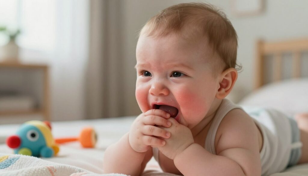 A close-up image of a teething infant, showing clear signs of teething symptoms such as drooling, red cheeks, and a slightly upset face. The baby is lying on a soft, colorful blanket with soothing toys nearby. In the background, a cozy nursery setting is illuminated with gentle, natural light coming from a nearby window, creating a warm and comforting atmosphere. The focus is sharp on the baby's expression while the toys and background remain slightly blurred for depth. The overall mood is one of tenderness and concern, capturing the common struggles of teething in infants.