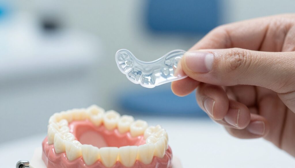 A close-up image of innovative dental overlays designed for eating, prominently featuring transparent and flexible materials adapted for dental use. In the foreground, highlight a set of overlays on a dental model, showcasing their texture and fit. In the middle ground, display a gentle hand holding one of the overlays, emphasizing the ergonomic design and comfort. The background should be softly blurred to suggest a dental clinic environment, with calming colors of blue and white, suggesting cleanliness and professionalism. Use soft, natural lighting to create a warm and inviting atmosphere. The angle should be slightly above eye level to capture the details effectively, while maintaining a focus on the functionality of the dental overlays. A close-up image of innovative dental overlays designed for eating, prominently featuring transparent and flexible materials adapted for dental use. In the foreground, highlight a set of overlays on a dental model, showcasing their texture and fit. In the middle ground, display a gentle hand holding one of the overlays, emphasizing the ergonomic design and comfort. The background should be softly blurred to suggest a dental clinic environment, with calming colors of blue and white, suggesting cleanliness and professionalism. Use soft, natural lighting to create a warm and inviting atmosphere. The angle should be slightly above eye level to capture the details effectively, while maintaining a focus on the functionality of the dental overlays.
