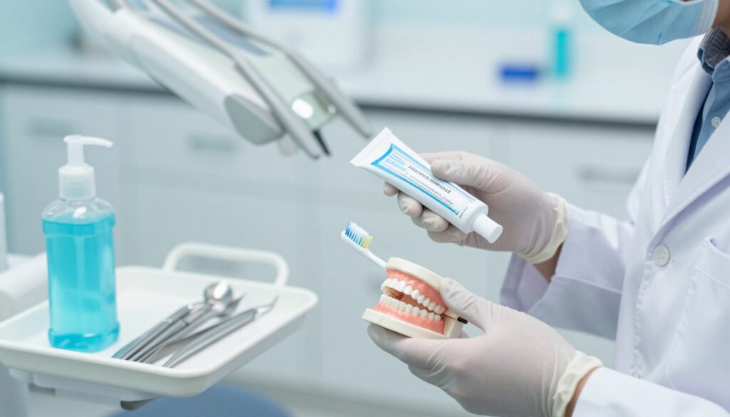 A close-up image showcasing a pristine dental setting focused on oral hygiene. In the foreground, a professional dentist in a white coat and gloves demonstrates proper tooth brushing techniques using a high-quality toothbrush and toothpaste on a model of teeth. The middle ground features dental tools and a mouthwash bottle arranged neatly on a tray, emphasizing care and cleanliness. In the background, a softly lit dental clinic with calming blue and white tones creates a tranquil atmosphere. The lighting is bright yet gentle, accentuating the details of the dental care items. The mood is informative and reassuring, highlighting the importance of maintaining oral hygiene after dental restoration to prevent further damage.