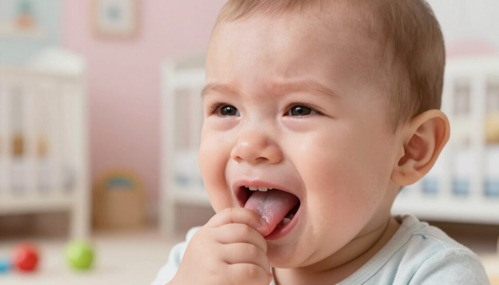 A close-up of a baby's face, showcasing a look of mild discomfort and curiosity, with their tongue pressed against swollen gums, hinting at teething. The foreground captures the baby's expressive eyes glistening with a hint of tears, conveying the emotional aspect of teething. In the middle, soft, colorful toys are scattered around, emphasizing a nurturing environment. The background features a softly lit nursery with pastel walls and gentle decorations, creating a calming atmosphere. Use warm, natural lighting to enhance the tender mood of the image. The focus should be sharp on the baby's face, while the background is slightly blurred to draw attention to the baby's expression. Avoid any text or logos in the image.