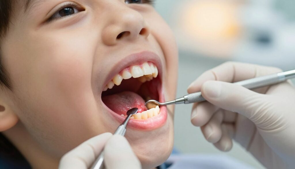 A close-up of a child's mouth showing the upper jaw with a focus on an impacted wisdom tooth (ósemka) surrounded by inflamed gums with visible pus indicating an infection. The foreground features a detailed, clinical examination of the tooth and surrounding area, highlighting redness and swelling. The middle layer includes a dental professional's hands gently holding dental instruments, conveying an atmosphere of care and urgency. The background is softly blurred with a dental clinic setting, softly illuminated by warm, natural lighting to create a comforting environment. The overall mood is serious yet hopeful, emphasizing the importance of dental health in children.