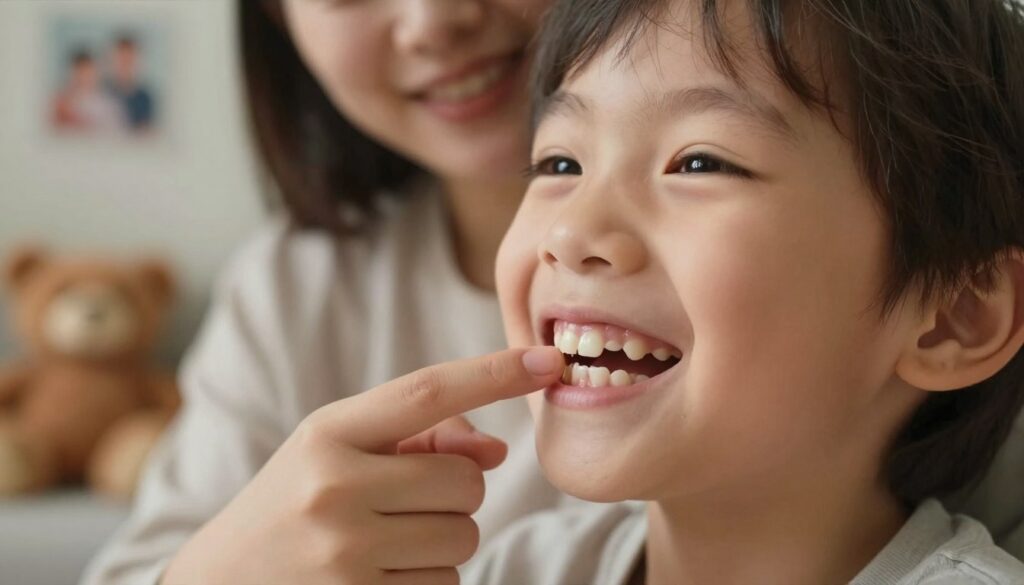 A close-up of a child's smiling face, showcasing a wobbly milk tooth that is about to fall out. The foreground focuses on the child's mouth, highlighting the loose tooth with a gentle, soft light illuminating the face, evoking a sense of wonder and childhood innocence. The middle layer features the child interacting with a parent, who is gently encouraging them while pointing at the tooth. In the background, a cozy, warm-toned living room adds to the comforting atmosphere with soft toys and family photos, subtly indicating a home environment. The mood is light-hearted and joyful, capturing a significant milestone in a child's growth journey. The overall composition is framed with a shallow depth of field, making the child and the tooth the focal point against the blurred background.