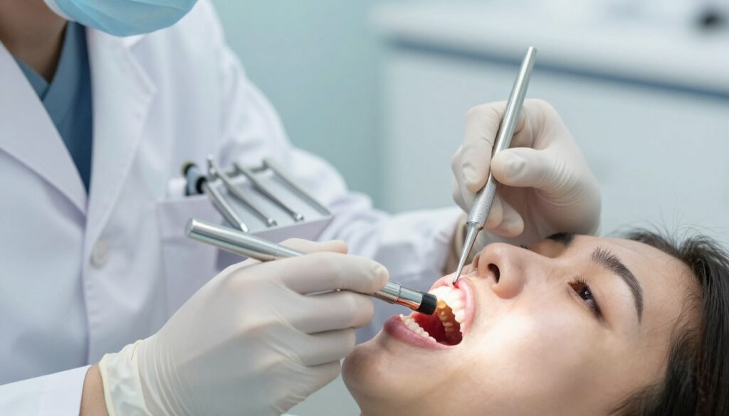A close-up of a dental examination scene focused on oral health, specifically highlighting inflamed gums with a noticeable erosion spot on the gum line. In the foreground, a dentist in a clean, professional white coat examines a patient's mouth using a dental flashlight, showcasing the immense detail of the gum condition. The middle layer contains dental tools arranged meticulously on a tray, and in the background, a soft-focus dental clinic setting with calming blue and white colors conveys a sterile, reassuring atmosphere. The lighting is bright but soft, highlighting the intricate textures of the gums while maintaining a clinical environment. This image should evoke a sense of professionalism and care, emphasizing the importance of immediate treatment for gum erosions.