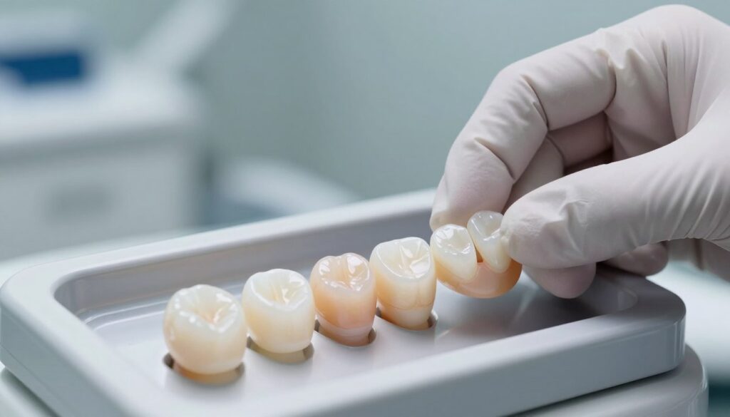 A close-up of a set of pristine porcelain dental veneers displayed on a sleek, modern dental tray, emphasizing their smooth, shiny surface and natural, tooth-like color variations. The foreground features the veneers with a focus on their delicate translucency and meticulous craftsmanship. In the middle, a pair of professional hands, dressed in white gloves, carefully arrange several veneers, showcasing their variety—from full-ceramic to composite types. The background is softly blurred, hinting at a contemporary dental clinic environment with subtle lighting that creates a calm and inviting atmosphere. The overall mood is professional and clean, highlighting the beauty and function of porcelain dental veneers in enhancing smiles.