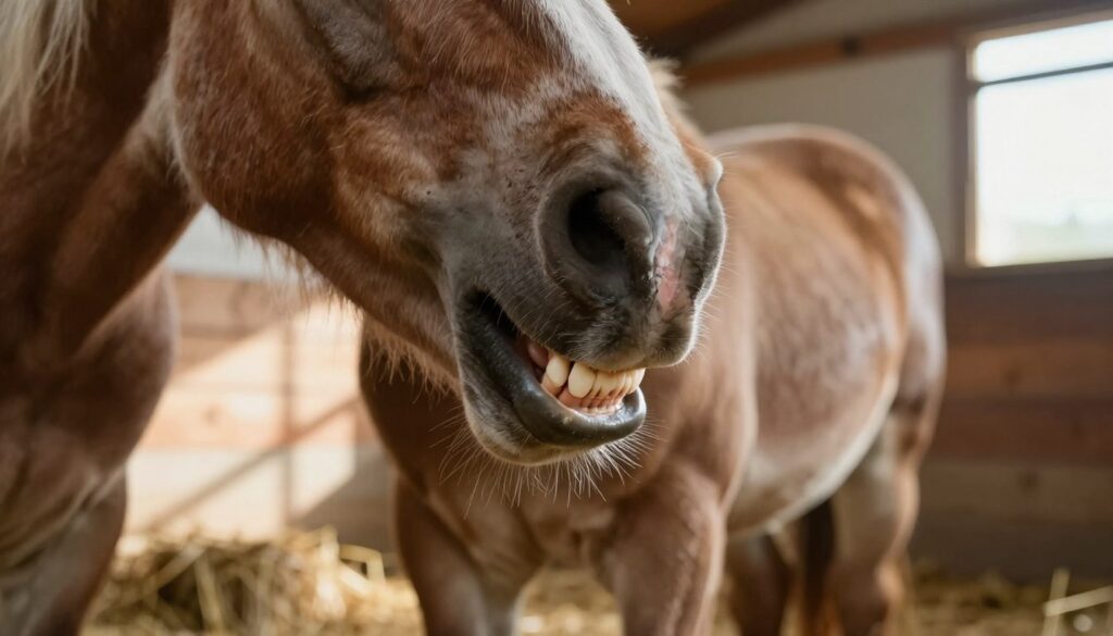 A close-up of the mouth of a young horse, showcasing its baby teeth (zęby mleczne) nestled among the developing adult teeth. The horse is standing in a serene, soft-lit barn environment with warm sunlight filtering through wooden slats, casting gentle shadows. The foreground focuses sharply on the horse's mouth, emphasizing the small, white, milk teeth, while a blurred background reveals hay bales and rustic wooden textures, creating a cozy atmosphere. The angle is slightly from the side, allowing for a clear view of the teeth and mouth structure. The mood is peaceful and educational, perfect for illustrating the transition from baby teeth to permanent teeth in horses.