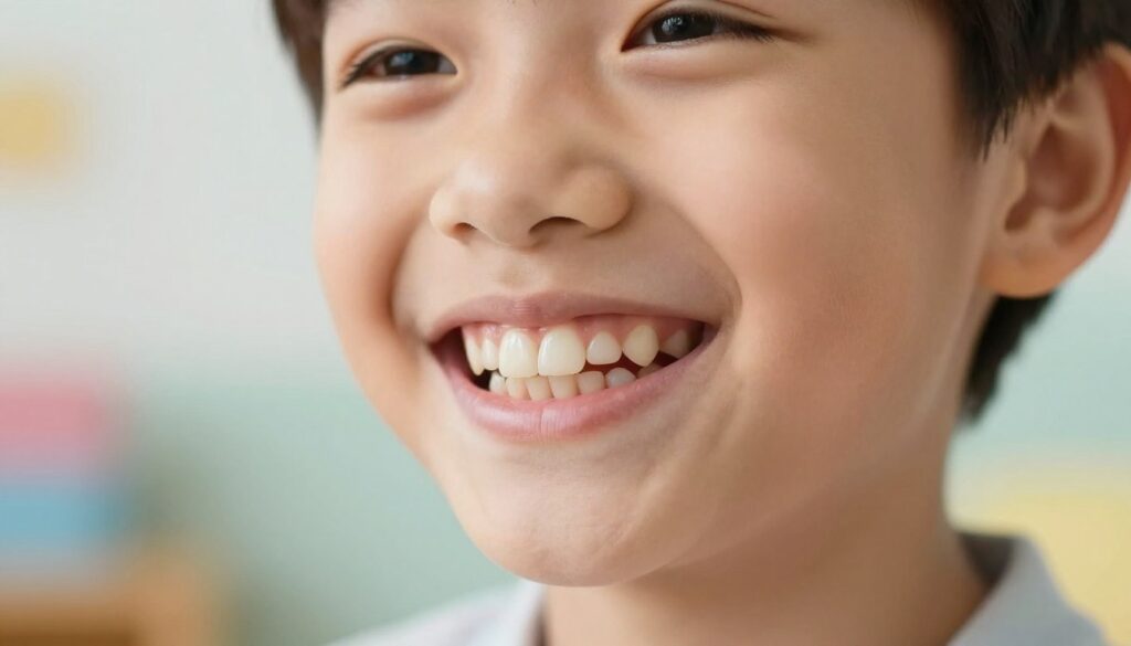 A close-up portrait of a child's mixed dentition, capturing both primary (milk) teeth and emerging permanent teeth. The child, around 6-8 years old, is smiling with a joyful expression, displaying a vibrant mix of small, white primary teeth alongside a few larger, slightly darker permanent teeth. The foreground features the child's face and mouth in sharp focus, highlighting the teeth's details, while soft lighting illuminates their features, creating a warm, inviting atmosphere. In the background, there are gentle, out-of-focus pastel colors to suggest a playful environment, like a classroom or playground, emphasizing a sense of joy and learning. The angle is slightly from the side, offering a dynamic perspective on the dental transition occurring in the child's mouth.