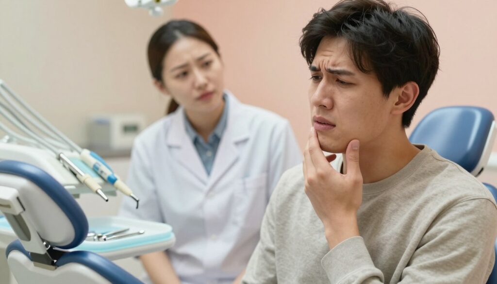 A close-up scene depicting a concerned individual, dressed in modest casual clothing, sitting in a well-lit dental office. The person has a subtle expression of discomfort, rubbing their jaw to illustrate pain after a tooth extraction. In the foreground, a dental chair can be seen, along with dental tools neatly arranged on a nearby table. The middle ground shows a dental professional in a white coat, looking attentive and ready to assist. In the background, calming pastel colors adorn the walls, contributing to a soothing atmosphere. The lighting is soft and warm, creating an inviting yet clinical environment, emphasizing the importance of post-operative care and recovery. The composition focuses on the emotional and physical aspects of healing, without any text or logos.