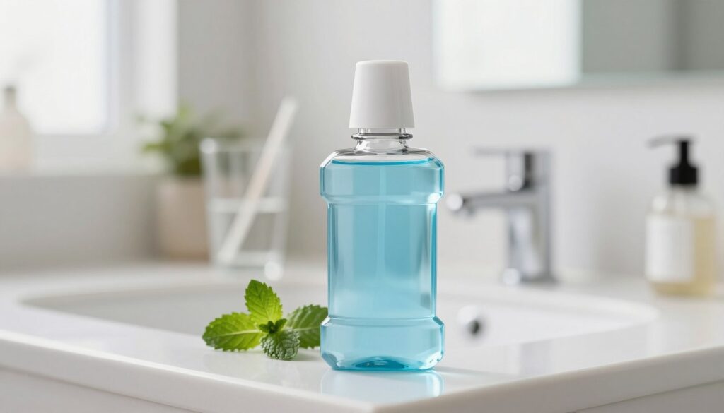 A close-up shot of a bright, modern bathroom counter featuring a sleek, elegant bottle of mouthwash, with a light blue and white color scheme. The mouthwash bottle is centered in the foreground, capturing the reflection of soft, natural light from a nearby window, emphasizing the glassy texture of the liquid inside. In the middle ground, there are a couple of vibrant green mint leaves and a stylish glass with a straw, giving a refreshing vibe. The background showcases blurred bathroom elements like a mirror and tasteful decor, enhancing the scene's cleanliness and tranquility. The overall mood is fresh and inviting, promoting oral hygiene in a serene environment. A close-up shot of a bright, modern bathroom counter featuring a sleek, elegant bottle of mouthwash, with a light blue and white color scheme. The mouthwash bottle is centered in the foreground, capturing the reflection of soft, natural light from a nearby window, emphasizing the glassy texture of the liquid inside. In the middle ground, there are a couple of vibrant green mint leaves and a stylish glass with a straw, giving a refreshing vibe. The background showcases blurred bathroom elements like a mirror and tasteful decor, enhancing the scene's cleanliness and tranquility. The overall mood is fresh and inviting, promoting oral hygiene in a serene environment.