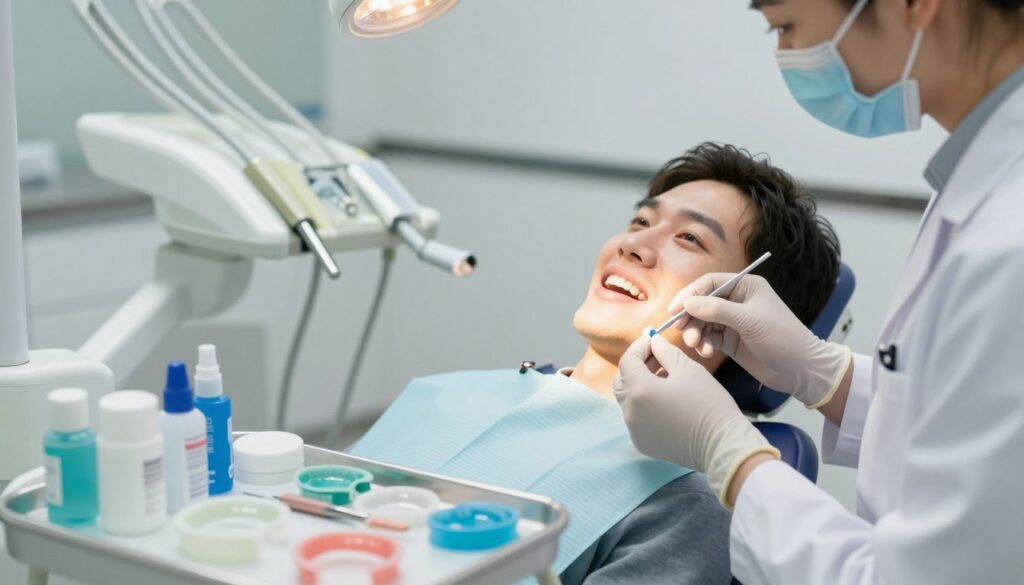 A close-up shot of a dental professional in a sleek, modern clinic, wearing a white lab coat and protective gloves, demonstrating teeth whitening techniques on a patient sitting in a dental chair. The foreground should feature a variety of teeth whitening products, such as trays, gels, and light-activated devices, neatly arranged on a tray with a soft-focus effect. In the middle ground, the patient exhibits a relaxed expression, while a gentle light from above casts a warm, inviting glow. The background includes dental tools and equipment, emphasizing a clean, professional environment. The overall atmosphere should convey a sense of care and caution, highlighting the potential discomfort associated with whitening methods amidst a serene dental setting.
