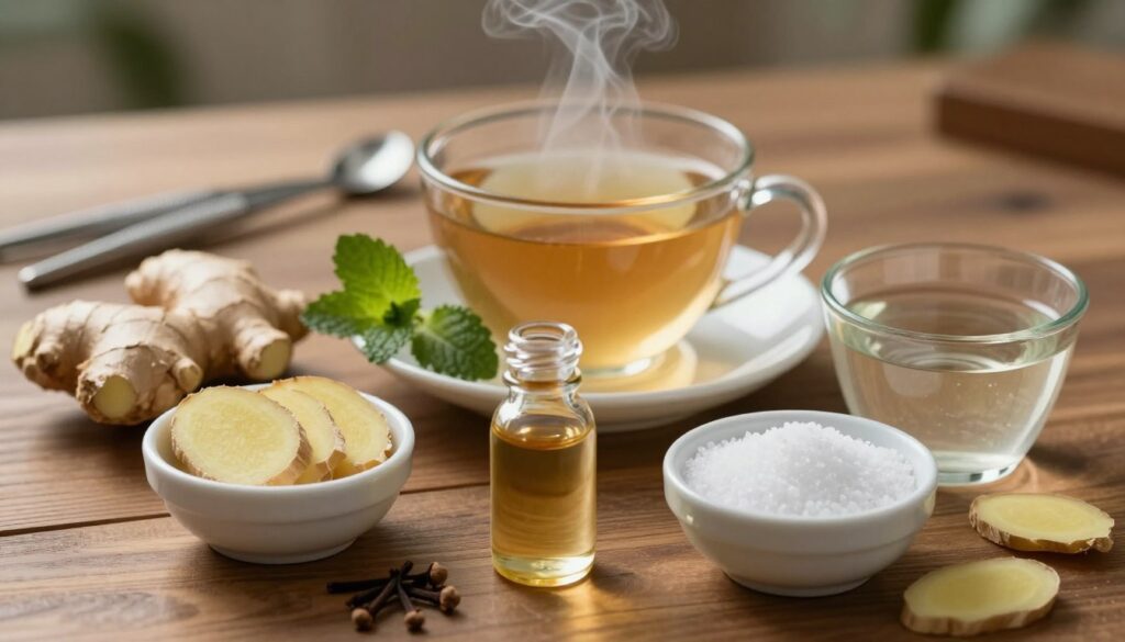 A close-up shot of an assortment of natural remedies for toothache, arranged artfully on a wooden table. In the foreground, there are small bowls containing fresh ginger slices, clove oil, and warm salt water, symbolizing traditional home remedies. The middle layer features a soothing cup of herbal tea, steam gently rising, and a few sprigs of mint. In the background, a blurred silhouette of a dental care toolkit can be seen, subtly hinting at dental health. Soft, warm lighting casts a calming glow over the scene, creating a cozy and inviting atmosphere. Use a shallow depth of field to emphasize the details of the remedies while gently blurring the background for added focus.