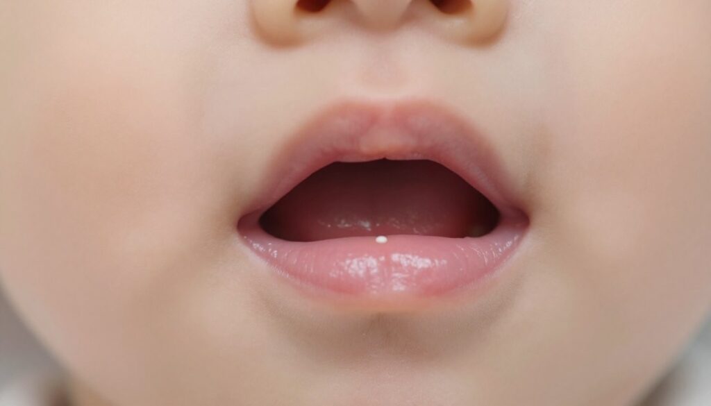 A close-up view of a baby's gum showcasing a small, white spot, indicating a common dental issue. The foreground features a tiny mouth slightly open, with focus on the gum area where the white dot is located, surrounded by soft, tender pink tissue. The middle ground captures the contours of the baby's lips, slightly textured to imply soft skin. The background is softly blurred to emphasize the gum, with warm, natural lighting enhancing the gentle atmosphere. The scene conveys a calm and caring mood, reflective of a pediatric dental examination. Use a macro lens perspective to accentuate the details clearly, avoiding any distractions or additional elements in the scene.