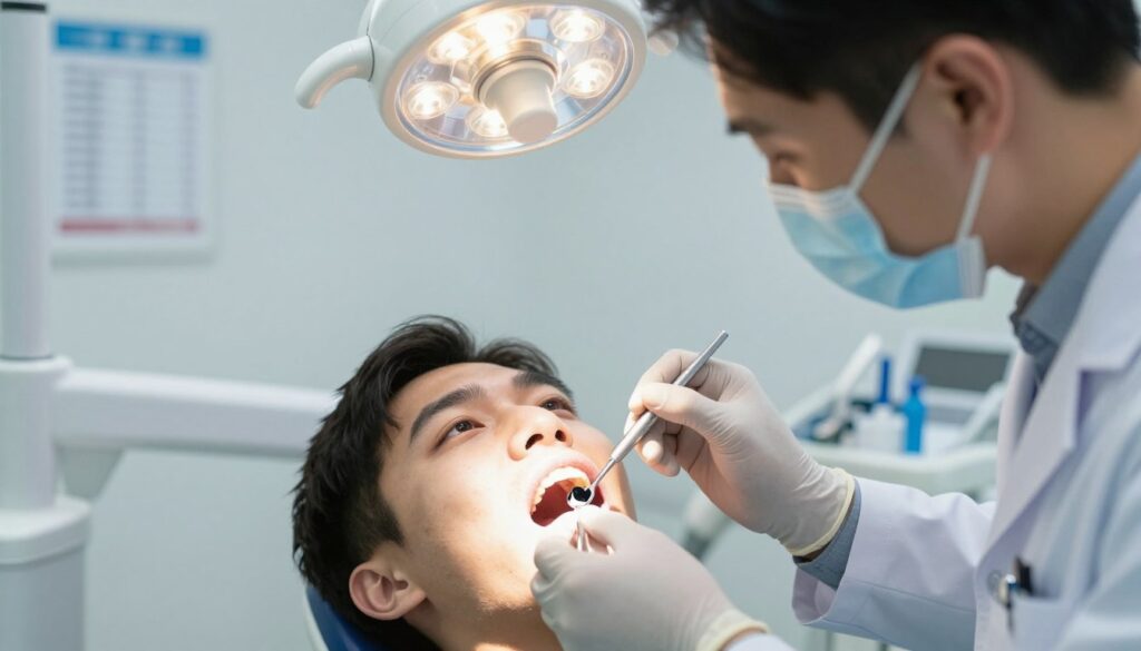 A close-up view of a dental examination room, featuring a dentist examining a patient’s mouth with a focus on their blackened tooth near the gumline. The foreground shows the dentist in a white coat, wearing gloves and a mask, holding dental tools. The middle layer has a patient's mouth open, revealing the blackened tooth with surrounding gum discoloration, illuminated by a bright overhead light. The background depicts a sterile, well-organized dental environment with dental charts and equipment on the walls. The lighting is bright and clinical, creating an atmosphere of professionalism and care. The image should evoke a sense of treatment and hope for healing, highlighting the importance of dental health.