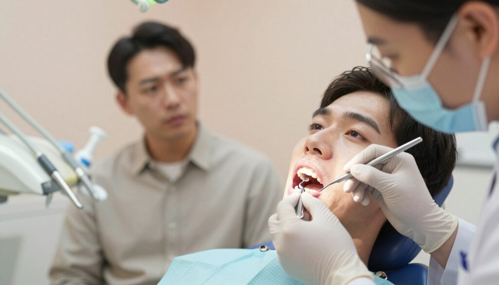 A close-up view of a dental examination room featuring a dentist inspecting a patient's mouth, highlighting ill-fitting dental fillings. In the foreground, show the dentist’s gloved hands holding dental tools, with a focused expression on their face. In the middle, the patient, dressed in a comfortable yet modest outfit, looks concerned as they are seated on the dental chair, with their mouth slightly open. The background includes dental equipment, soft lighting, and calm pastel-colored walls, creating a professional atmosphere. The mood is serious yet reassuring, emphasizing the importance of proper dental care. Use a slight depth of field to draw attention to the dental tools and the patient's expression.