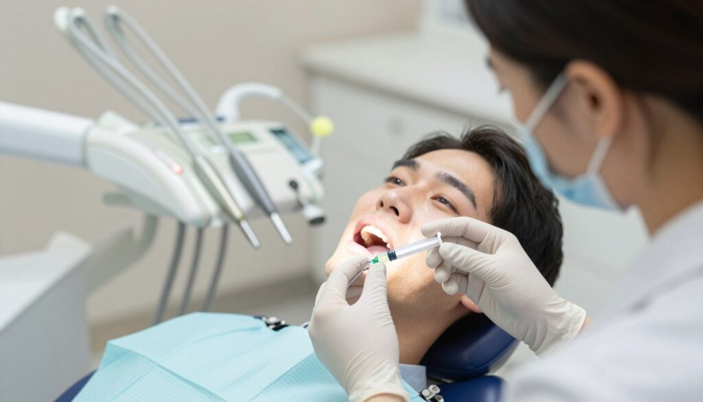 A close-up view of a dental hygienist in a modern clinic, wearing professional attire, as they prepare to administer anesthesia for a teeth cleaning procedure. The foreground features the hygienist's hands holding a syringe with a small needle, emphasizing the focus on the anesthesia. In the middle, a dental chair with a patient reclining, their mouth open slightly, displays a relaxed expression, showing the comfort of the procedure. The background contains dental tools and equipment, softly blurred to create depth. Bright, clinical lighting enhances the cleanliness of the environment, while a warm color palette adds a sense of calmness. The overall atmosphere is professional yet comforting, ideal for a dental care setting.