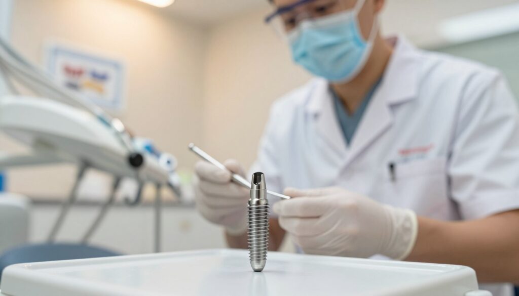 A close-up view of a dental implant setup in a modern clinic. In the foreground, an intricately designed dental implant component is displayed on a clean, sterile surface, highlighting its metallic sheen and fine craftsmanship. In the middle ground, a dentist wearing professional attire subtly examines the implant with precision tools, conveying a sense of expertise and care. The background shows a well-lit dental office with calming colors, featuring dental charts and equipment that suggest an environment of professionalism and trust. Soft, diffused lighting creates a warm atmosphere, emphasizing the importance of dental health and the various factors influencing implant costs. The focus is clear, with a shallow depth of field, drawing attention to the details of the implant and the careful examination by the dentist.