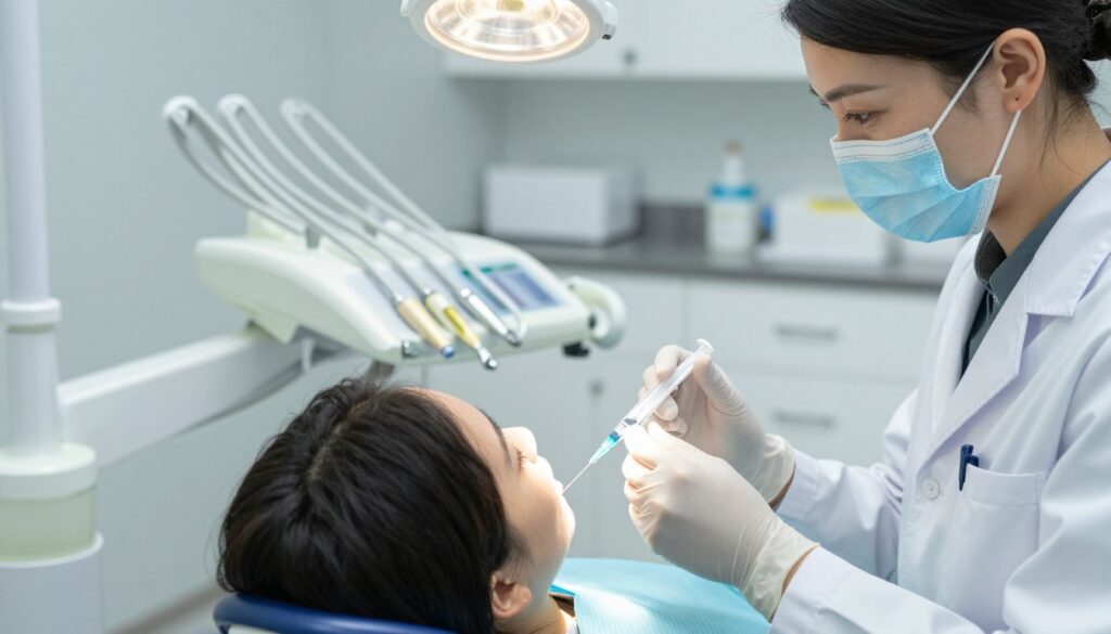 A close-up view of a dental procedure room, featuring a dental chair with a patient reclining comfortably. A friendly dentist, dressed in professional attire including a mask and gloves, is preparing to administer local anesthesia to a patient in a modern, sterile environment. The foreground shows the dentist holding a syringe filled with anesthetic. In the middle ground, dental instruments are neatly arranged on a tray, with a spotlight illuminating them. The background contains dental equipment, including an X-ray machine and cabinets, all bathed in soft, natural light to create a calm atmosphere. The overall mood is professional yet soothing, conveying a sense of care and safety in dental procedures. A close-up view of a dental procedure room, featuring a dental chair with a patient reclining comfortably. A friendly dentist, dressed in professional attire including a mask and gloves, is preparing to administer local anesthesia to a patient in a modern, sterile environment. The foreground shows the dentist holding a syringe filled with anesthetic. In the middle ground, dental instruments are neatly arranged on a tray, with a spotlight illuminating them. The background contains dental equipment, including an X-ray machine and cabinets, all bathed in soft, natural light to create a calm atmosphere. The overall mood is professional yet soothing, conveying a sense of care and safety in dental procedures.