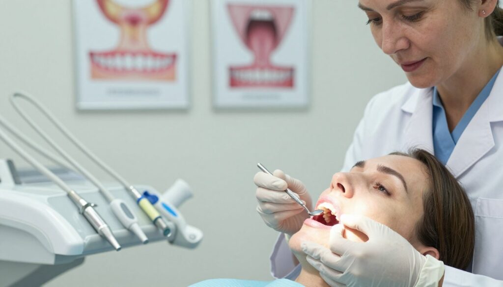 A close-up view of a dental professional gently examining a patient's gums in a modern clinic. In the foreground, focus on the dentist, a middle-aged Caucasian woman wearing a white lab coat and gloves, holding a dental mirror. The patient's mouth is slightly open, revealing inflamed gums. In the middle ground, show dental tools neatly arranged on a tray, emphasizing cleanliness and professionalism. The background features soft, bright lighting that creates a calm atmosphere, with a blurred view of dental posters illustrating gum health. The overall mood is one of care and expertise, capturing the essential steps in treating gum inflammation.