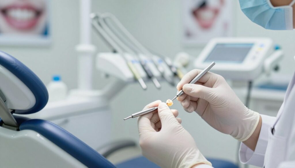 A close-up view of a dental professional in white clinical attire carefully applying a composite resin material to a tooth with minimal decay. The foreground features the dentist's focused hands, equipped with tools, and a glistening tooth undergoing treatment. In the middle ground, a well-lit dental chair and equipment can be seen, reflecting a clean and sterile environment. The background displays soft, blurred images of dental posters and instruments to create an informative atmosphere. Natural diffused light highlights the textures of both the composite material and the surface of the tooth, emphasizing precision and care. The mood is professional, calm, and reassuring, ideal for showcasing modern dental restorative techniques.