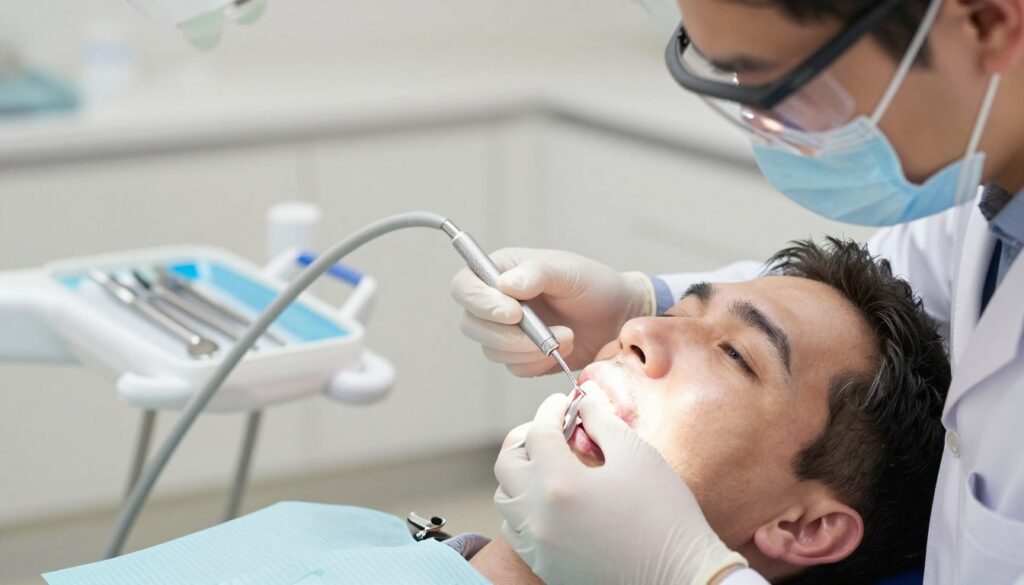 A close-up view of a dental professional performing a scaler technique on a patient's gum line, focusing on the "supragingival scaling" process. The dentist, dressed in a crisp white coat and safety glasses, is seen meticulously cleaning teeth just above the gum line with a dental scaler tool. The patient, a middle-aged person in a dental chair, exhibits a calm expression. The setting is a well-lit, modern dental clinic with soft, warm lighting to create a serene atmosphere. The background features dental instruments neatly arranged on a tray, adding to the clinical ambiance. The image captures the precision and care involved in this dental procedure, emphasizing the importance of oral hygiene.