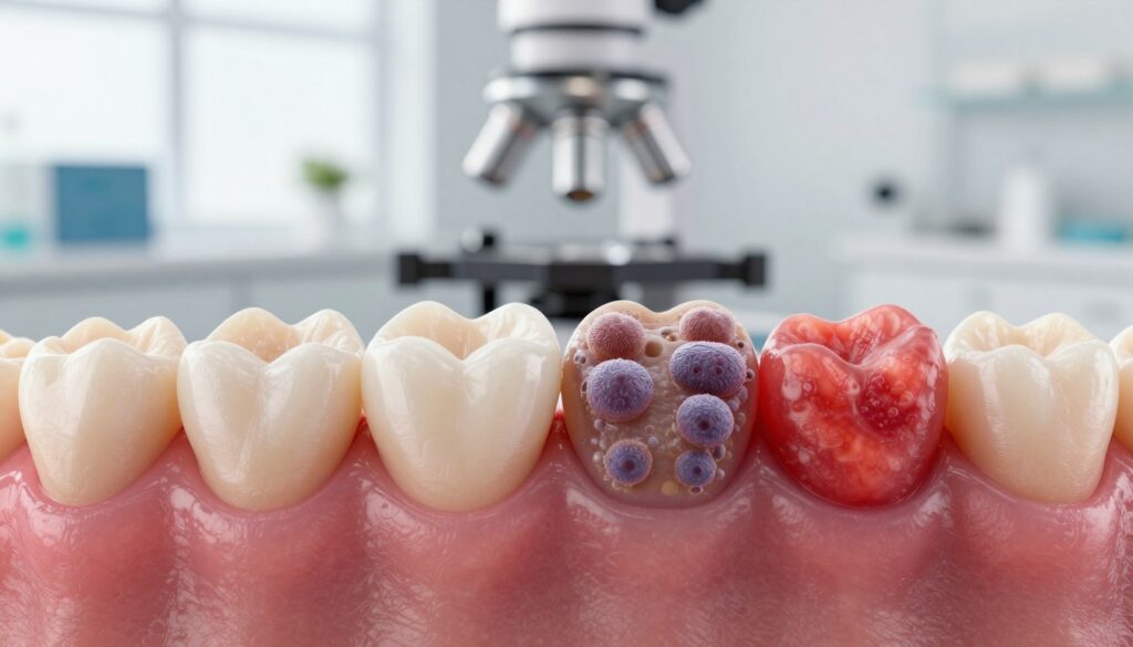 A close-up view of a healthy human gum line contrasted with areas of inflammation caused by bacterial plaque. In the foreground, show a vibrant, detailed depiction of human gums, with healthy pink tissue on one side and inflamed, red tissues on the other, highlighting the effects of plaque accumulation. The middle section features a microscope view of bacteria clustered on a tooth surface, illustrating the cause of gum disease. In the background, a gentle, soft focus of a dental office with natural lighting, conveying a calm and professional atmosphere. The lens should simulate a macro shot, emphasizing the textures, colors, and details of both the gingival tissue and bacterial elements, creating an educational yet visually engaging image.