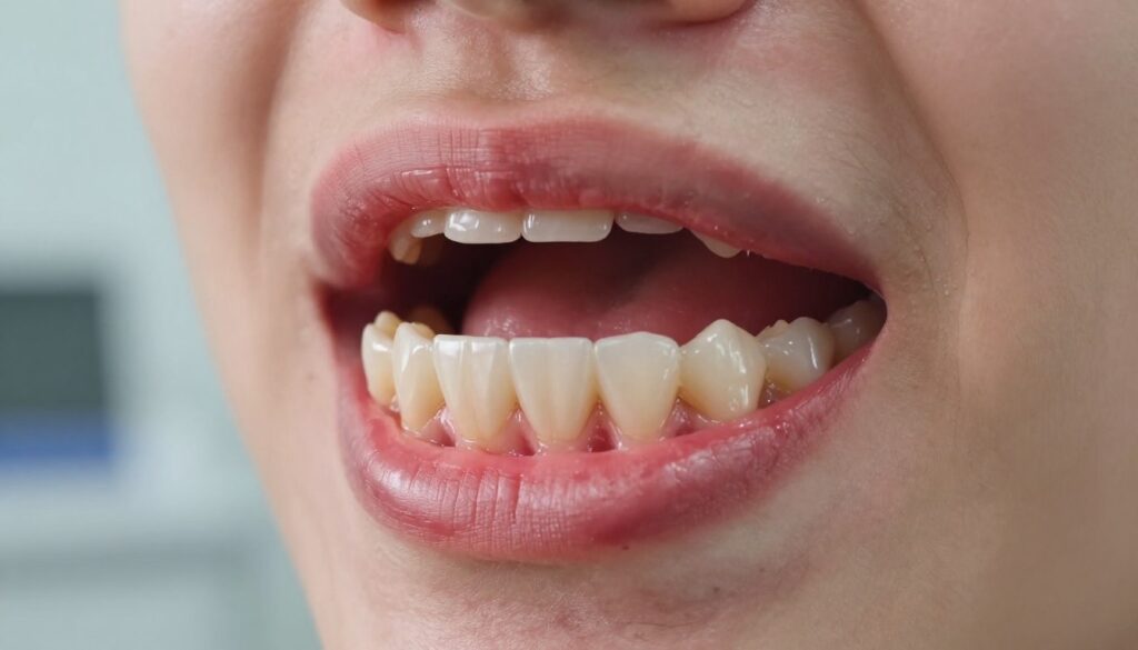 A close-up view of a human jaw, showcasing the lower molars, particularly focusing on the wisdom tooth area. Highlight symptoms of inflammation with vivid realism, such as redness and swelling around the gums, with a slight shine to indicate moisture. The lighting should be soft but clear, creating gentle reflections that emphasize the texture of the gums and teeth. Include a blurred background of a dental office setting to suggest a clinical environment. The overall mood should convey a sense of concern and urgency, while maintaining a professional tone. Capture the image from an angled perspective to add depth and interest, ensuring no human figures are present in the frame. A close-up view of a human jaw, showcasing the lower molars, particularly focusing on the wisdom tooth area. Highlight symptoms of inflammation with vivid realism, such as redness and swelling around the gums, with a slight shine to indicate moisture. The lighting should be soft but clear, creating gentle reflections that emphasize the texture of the gums and teeth. Include a blurred background of a dental office setting to suggest a clinical environment. The overall mood should convey a sense of concern and urgency, while maintaining a professional tone. Capture the image from an angled perspective to add depth and interest, ensuring no human figures are present in the frame.