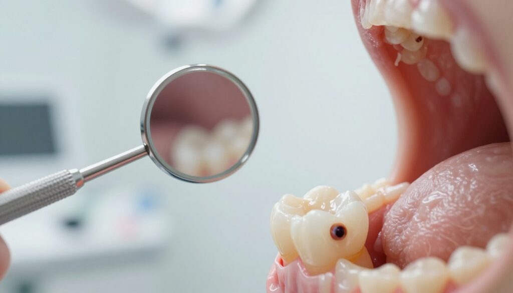 A close-up view of a human jaw with a focus on a tooth with a visible dental cyst. The foreground highlights the tooth and cyst detail, showcasing the cyst's translucent appearance and surrounding tissues. In the middle ground, a dental mirror reflects an overview of the oral cavity, providing context. The background features a softly blurred dental office environment, with gentle, diffused lighting that emphasizes a clinical, professional atmosphere. The colors are neutral and calming, with shades of soft white and light blue, enhancing the mood of urgency and concern without being alarming. No text or captions present, just a clear and informative visual representation of dental cyst symptoms.