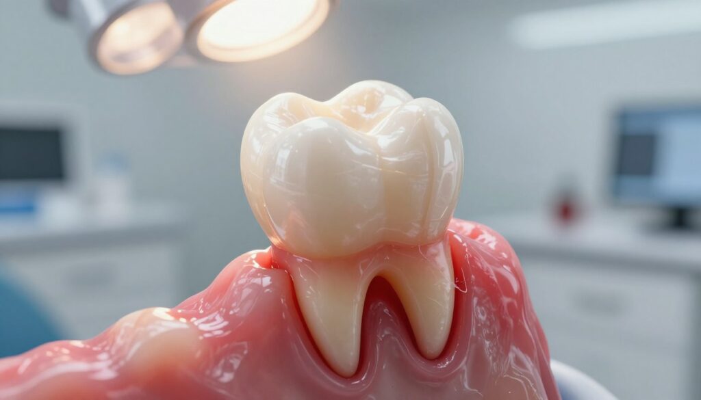 A close-up view of a human molar tooth experiencing dental pulp inflammation, showcasing visible symptoms such as redness and swelling around the gum line. The focus is on the tooth, with a soft, blurred background depicting a dentist's office environment, emphasizing a professional and sterile atmosphere. Gentle overhead lighting casts a warm glow, enhancing the intricate details of the inflamed gum and the tooth's surface. The angle is slightly tilted to capture both the tooth and the surrounding tissues, creating a sense of urgency yet also calmness, reflecting the struggle with dental pain. Overall, the mood conveys discomfort while hinting at the importance of timely dental care. Ensure no text or identifying features are present in the image.