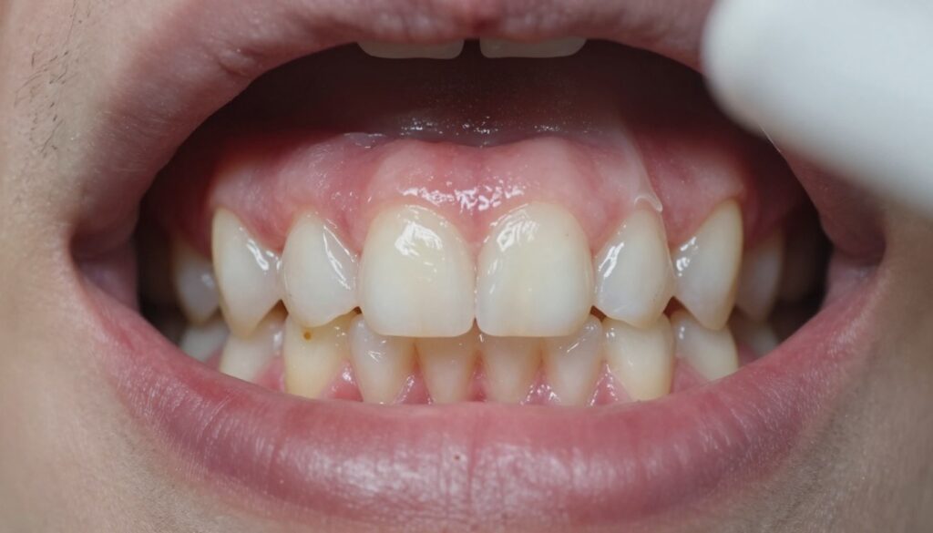 A close-up view of a human mouth showcasing the gums, highlighting distinct areas of leukoplakia, featuring white patches on the gums that appear thickened and cannot be easily wiped away. The foreground focuses on the texture and color contrast between the healthy pink tissue of the gums and the white lesions. The lighting is soft and clinical, ensuring clear visibility of the details, with a slight focus blur on the edges to draw attention to the affected area. Utilize a macro lens perspective to capture the intricacy of the gum surfaces, surrounded by an atmospheric softly blurred clinic-like background to emphasize the medical context. The overall mood should convey a sense of concern and awareness, perfect for a health-related theme.