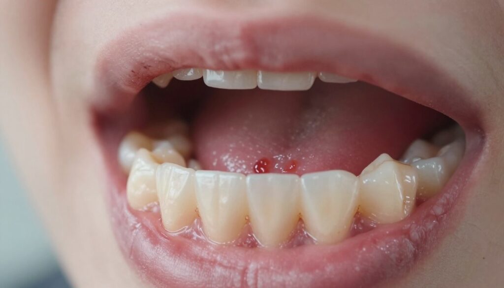 A close-up view of a human mouth showcasing the lower molar region, specifically focusing on the upper wisdom tooth (ósemka). The image should depict a swollen gum area with a clear sign of pus (ropa) oozing from it, indicating an infection. The foreground features sharp, detailed dental anatomy, with emphasis on the inflamed gum tissue and the adjacent tooth. The middle ground can show a subtle texture of the teeth, while the background remains blurred, focusing attention on the dental issue. The lighting should be bright and clinical, mimicking a dental office environment, providing a stark contrast that highlights the infection. The atmosphere is serious and informative, evoking a sense of urgency without being alarming.