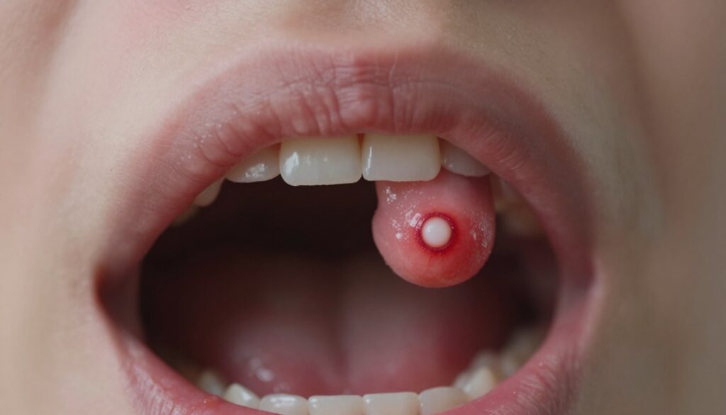 A close-up view of a human mouth showing a canker sore on the gums, highlighted for clarity. The foreground captures the painful lesion distinctly, showcasing its characteristic white center and red rim against the healthy pink tissue. In the middle ground, blurred details of the surrounding teeth and the inside of the mouth add context. The background is softly focused, emphasizing the subject without distraction. Soft, natural lighting illuminates the area, creating gentle shadows that enhance the texture of the gums. The overall mood is clinical yet compassionate, intended to convey awareness and education on oral health issues. The angle should be slightly tilted for a dynamic perspective, avoiding any presence of text or graphics.