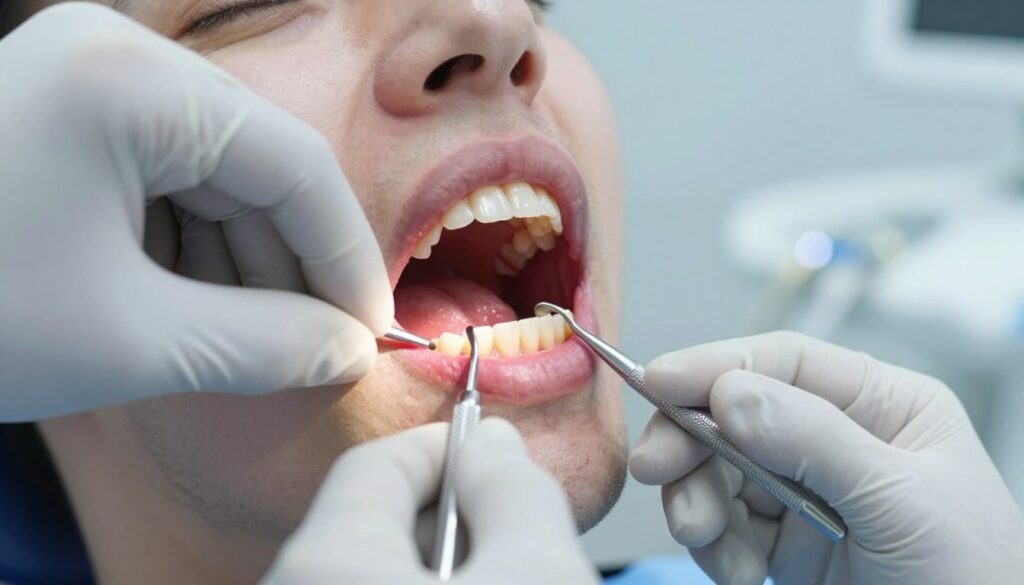 A close-up view of a human mouth with visibly inflamed gums, showcasing a healthy tooth structure contrasted against the red, swollen gum tissue. The foreground features a dentist’s gloved hand gently examining the gums with a dental tool, emphasizing precision and care. In the middle, a soft-focused dental chair and calming dental instruments create a professional clinical atmosphere. Bright, even lighting illuminates the scene, highlighting the unhealthy appearance of the gums while maintaining a neutral color palette of blues and whites typical of a dental office. The overall mood is informative and educational, aiming to convey the importance of understanding gum inflammation and its progression over time.